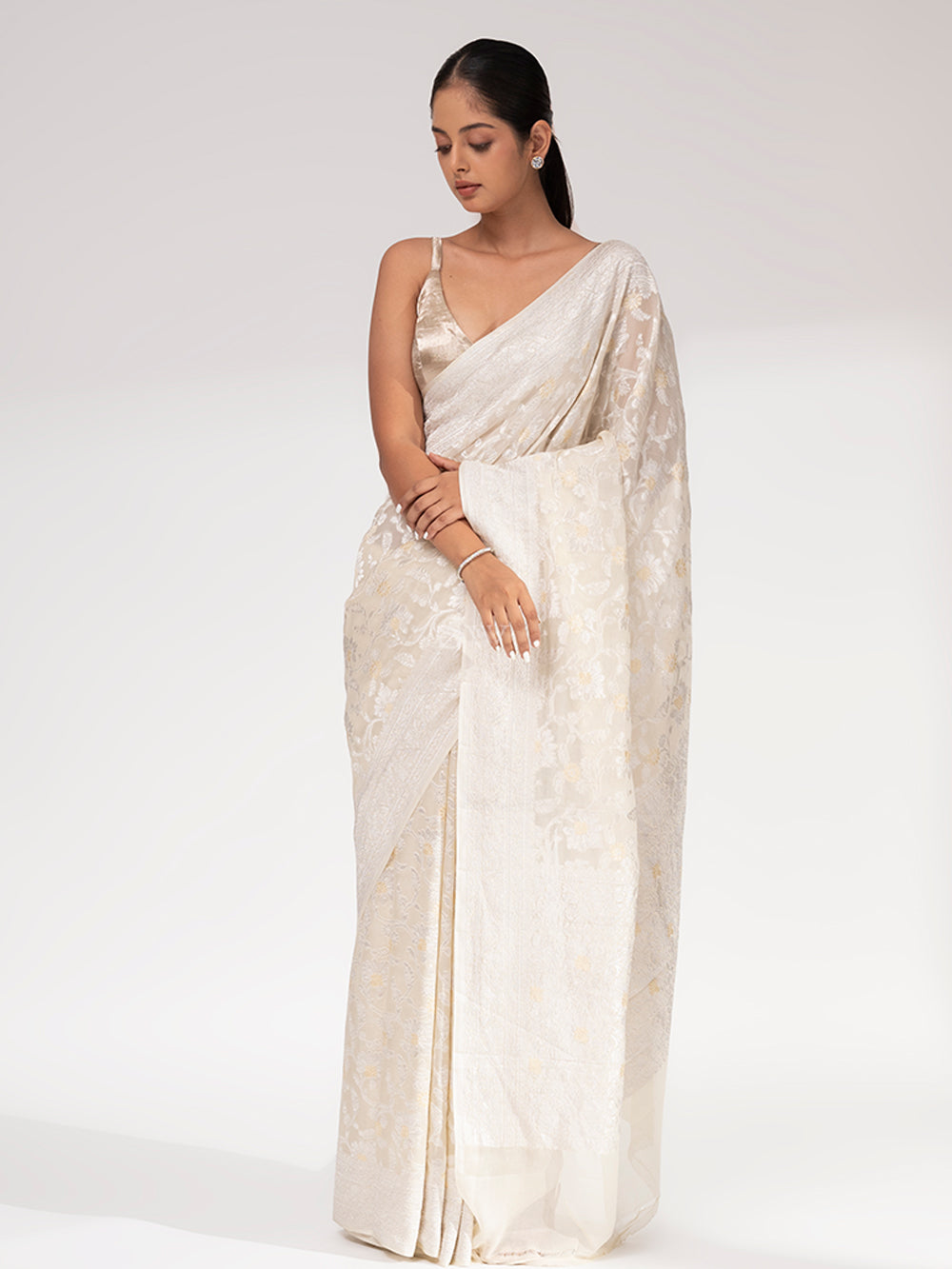 Cream Khaddi Georgette Handloom Banarasi Saree - Sacred Weaves