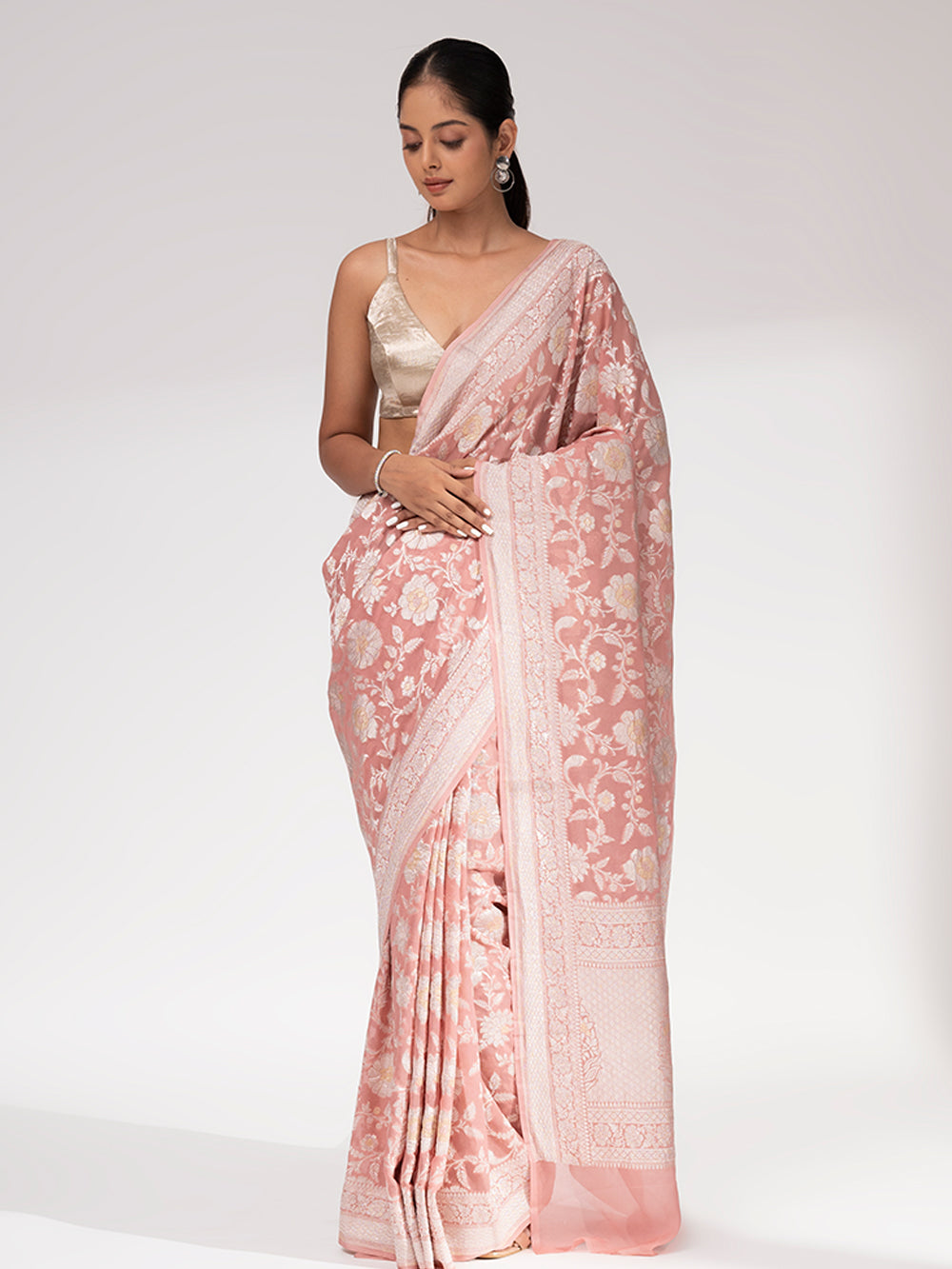 Pastel Pink Khaddi Georgette Handloom Banarasi Saree - Sacred Weaves