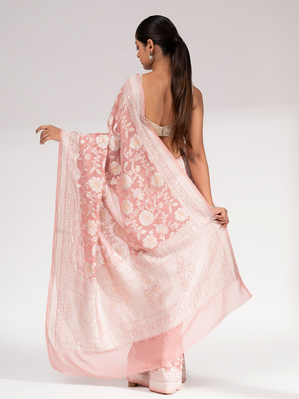 Pastel Pink Khaddi Georgette Handloom Banarasi Saree - Sacred Weaves