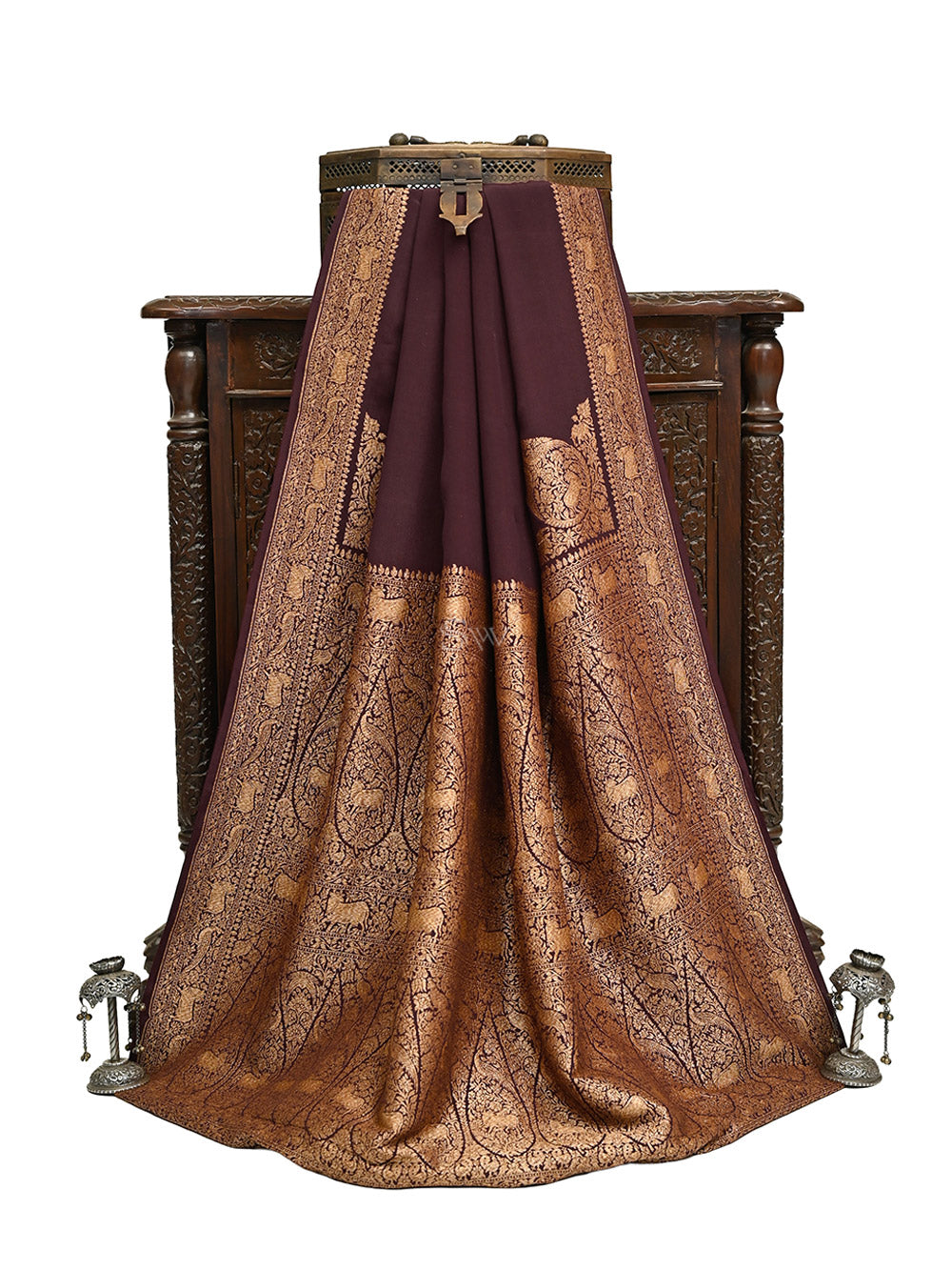 Brown Plain Crepe Silk Handloom Banarasi Saree- Sacred Weaves