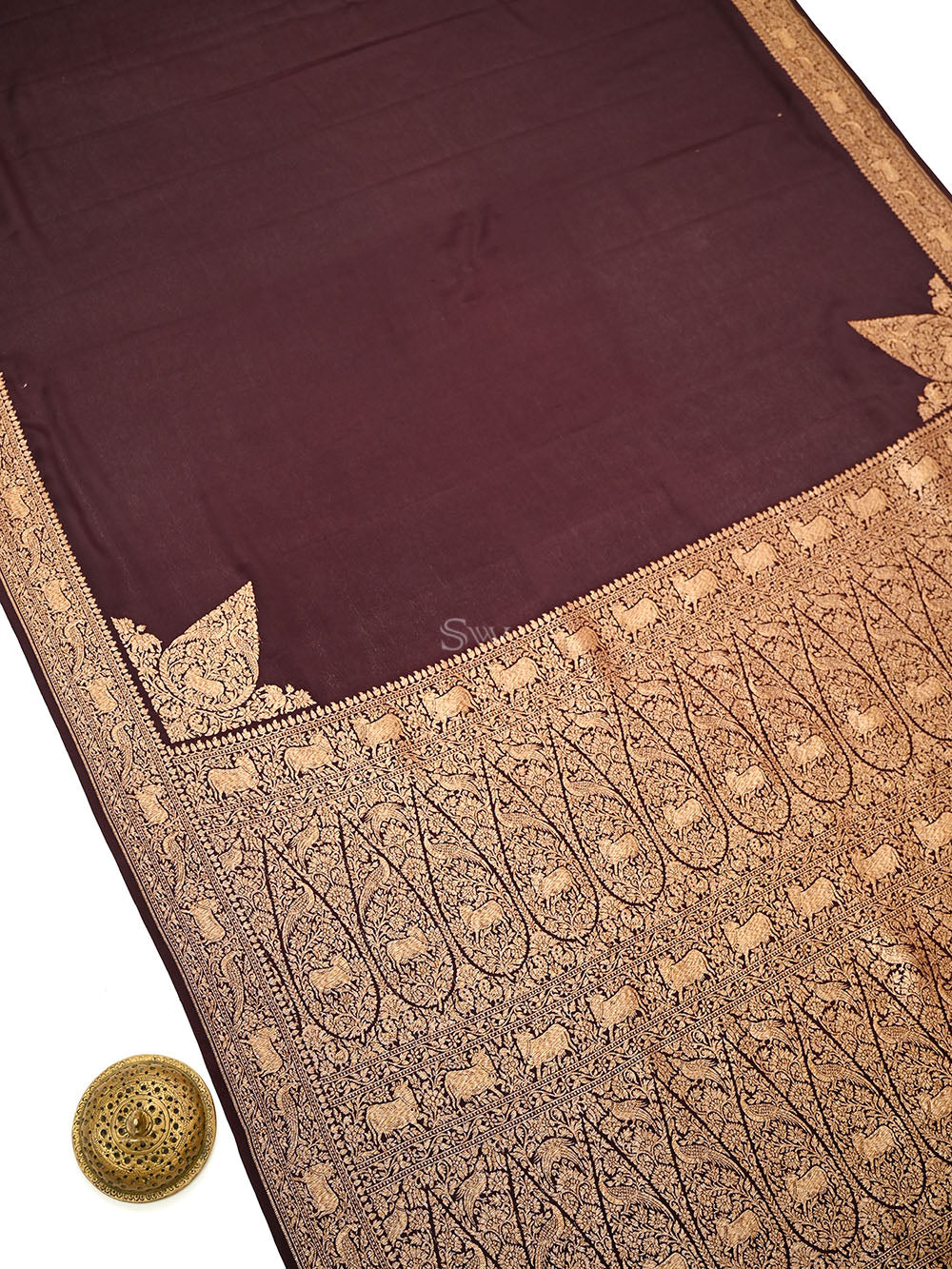 Brown Plain Crepe Silk Handloom Banarasi Saree- Sacred Weaves