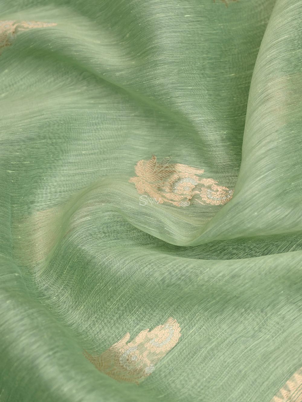 Pastel Green Boota Linen Handloom Banarasi Saree - Sacred Weaves