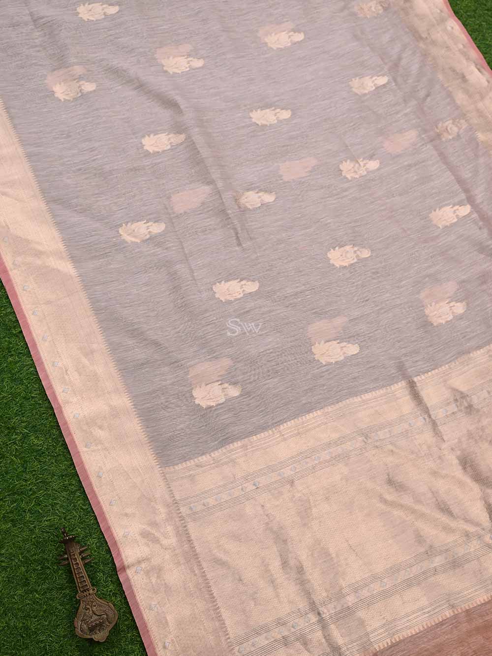 Pastel Pink Boota Linen Handloom Banarasi Saree - Sacred Weaves