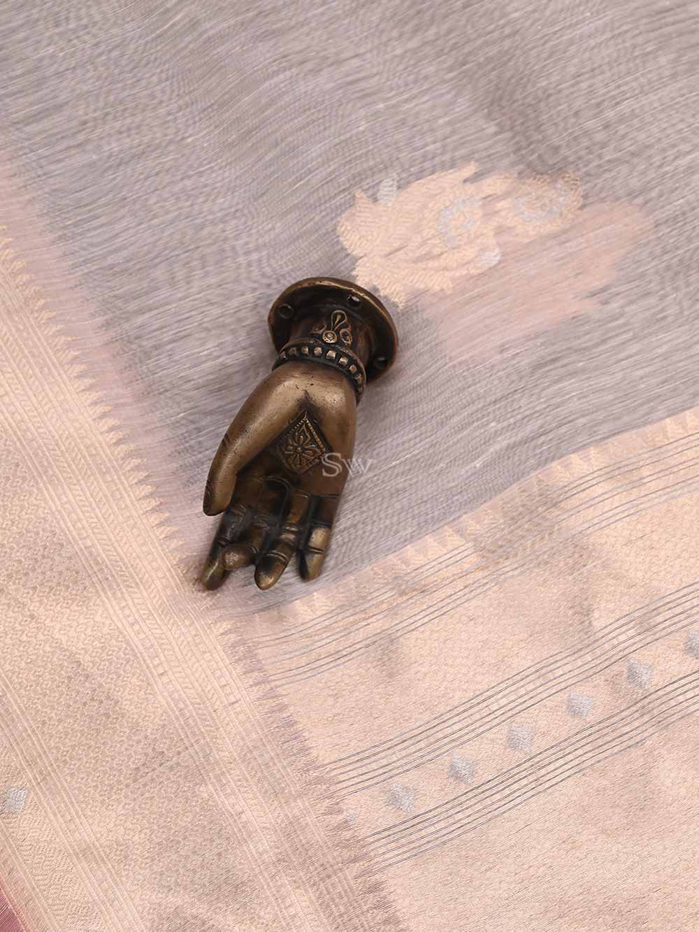 Pastel Pink Boota Linen Handloom Banarasi Saree - Sacred Weaves