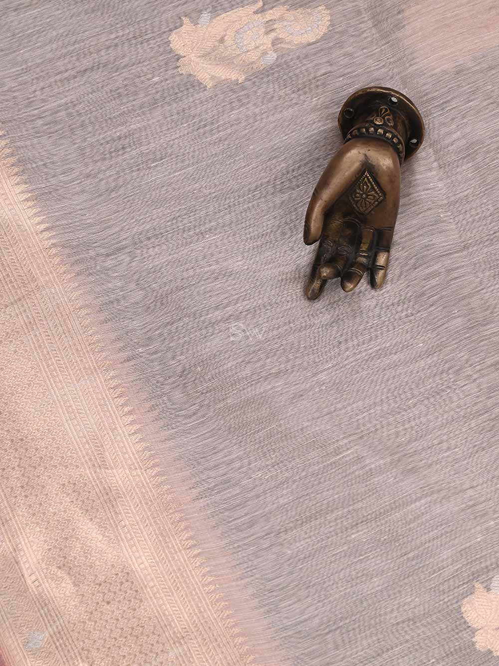 Pastel Pink Boota Linen Handloom Banarasi Saree - Sacred Weaves