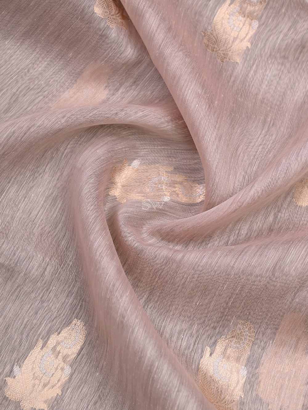 Pastel Pink Boota Linen Handloom Banarasi Saree - Sacred Weaves