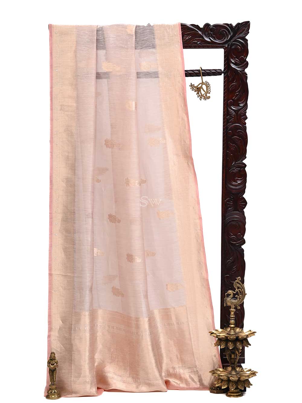 Pastel Pink Boota Linen Handloom Banarasi Saree - Sacred Weaves