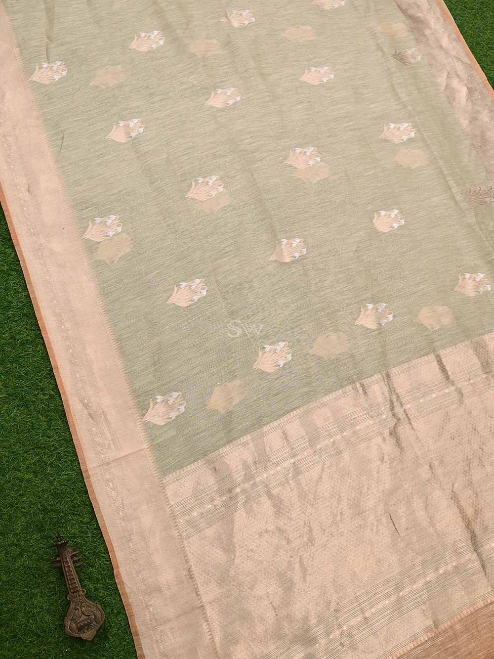 Pastel Yellow Boota Linen Handloom Banarasi Saree - Sacred Weaves