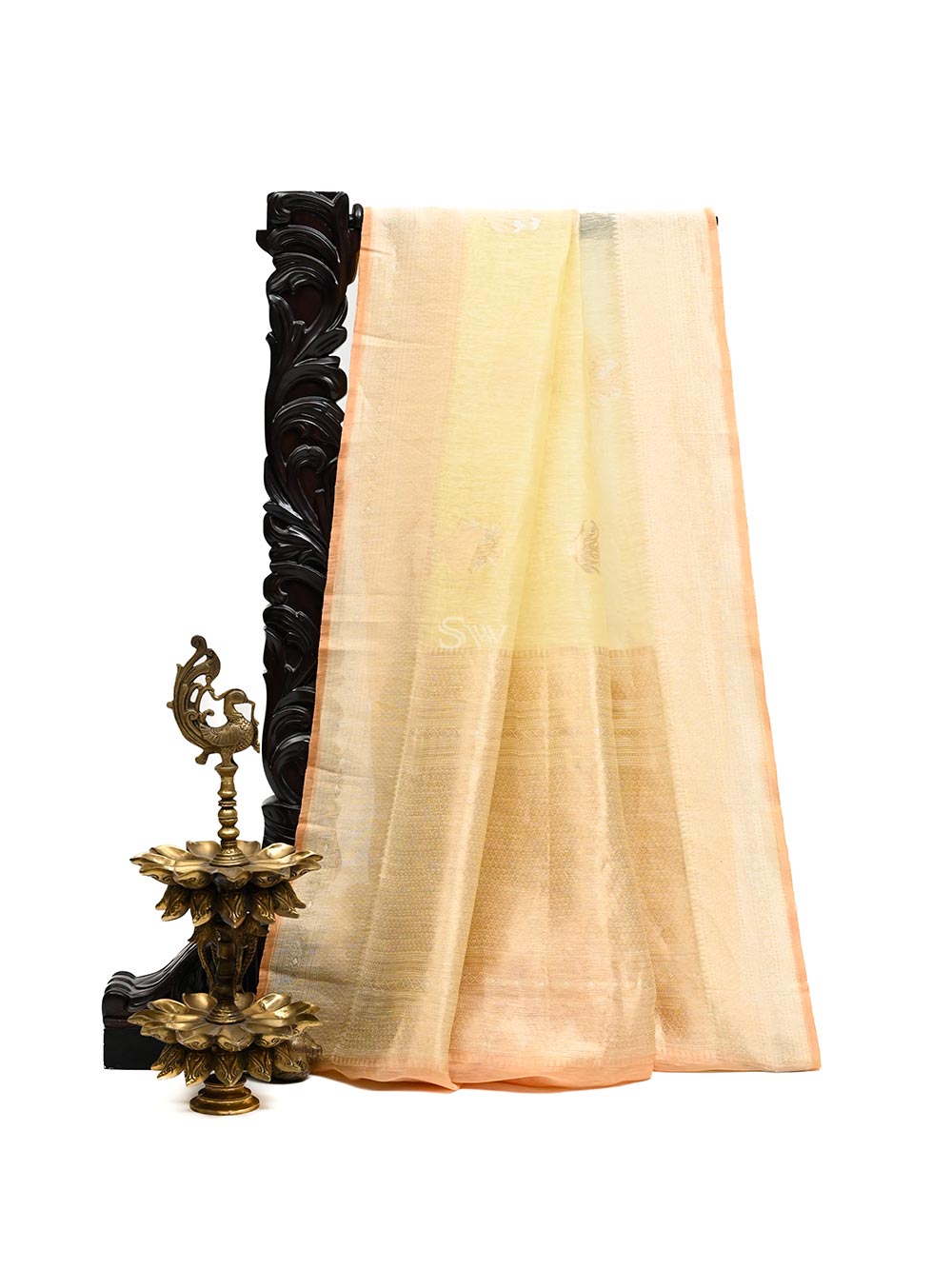 Pastel Yellow Boota Linen Handloom Banarasi Saree - Sacred Weaves