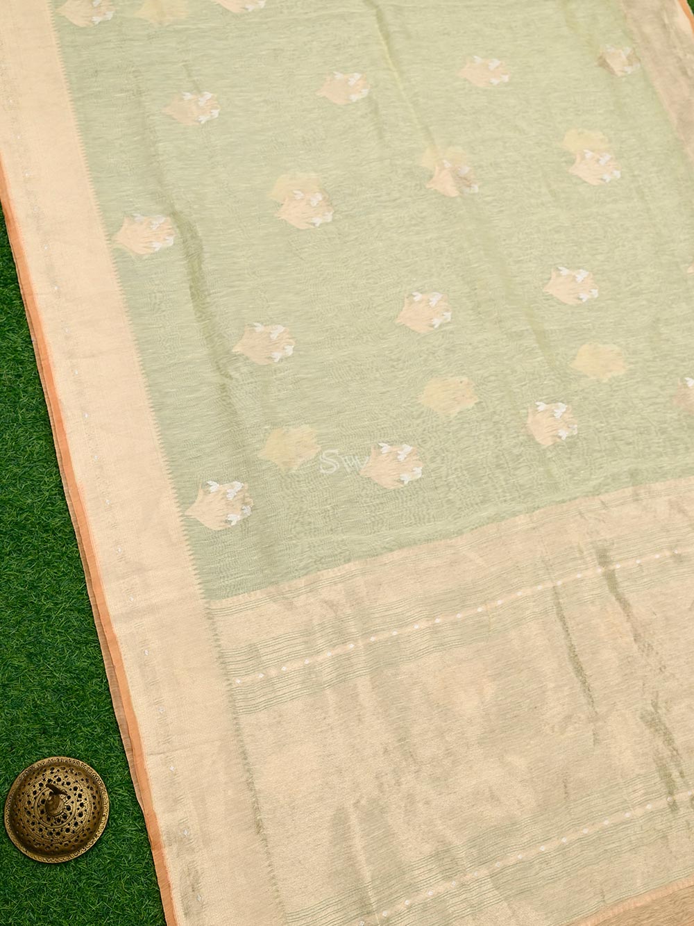 Pastel Yellow Boota Linen Handloom Banarasi Saree - Sacred Weaves