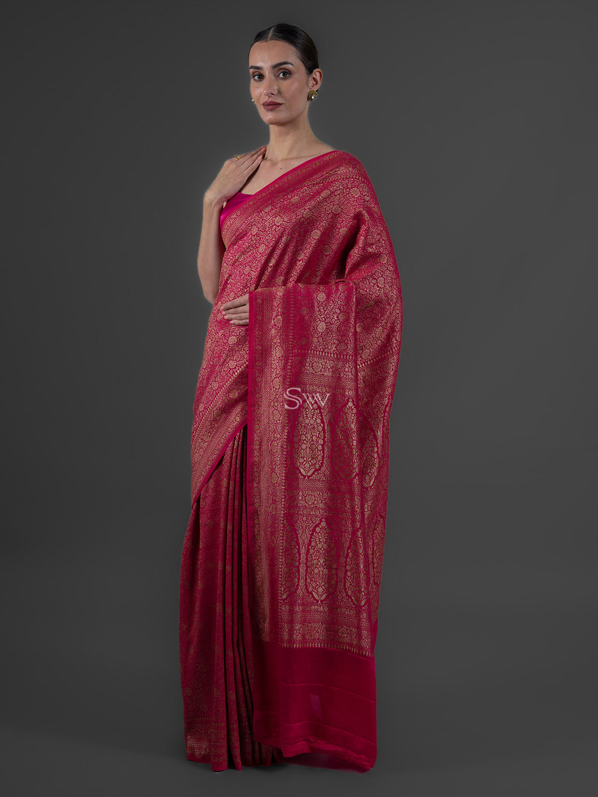 Dark Pink Jaal Crepe Silk Handloom Banarasi Saree - Sacred Weaves