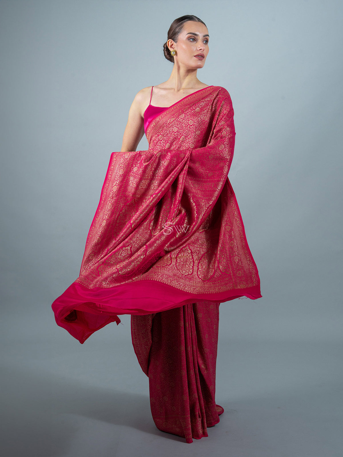 Dark Pink Jaal Crepe Silk Handloom Banarasi Saree - Sacred Weaves