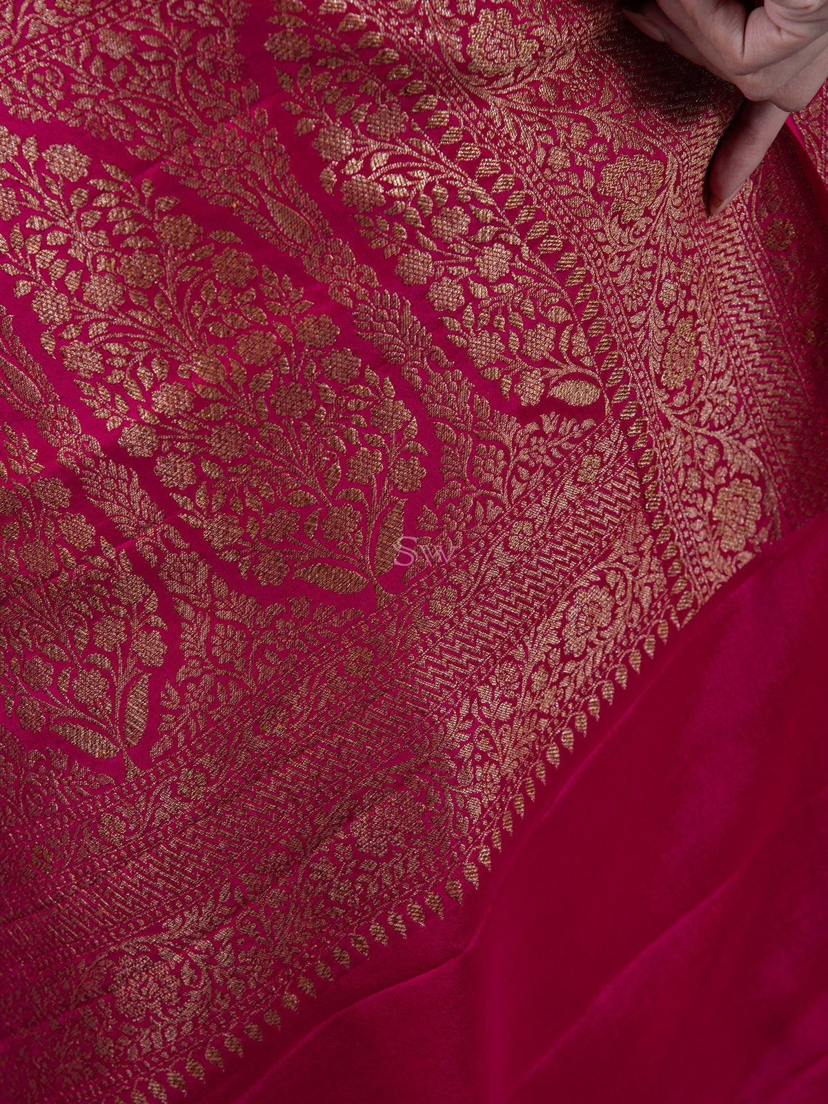 Dark Pink Jaal Crepe Silk Handloom Banarasi Saree - Sacred Weaves