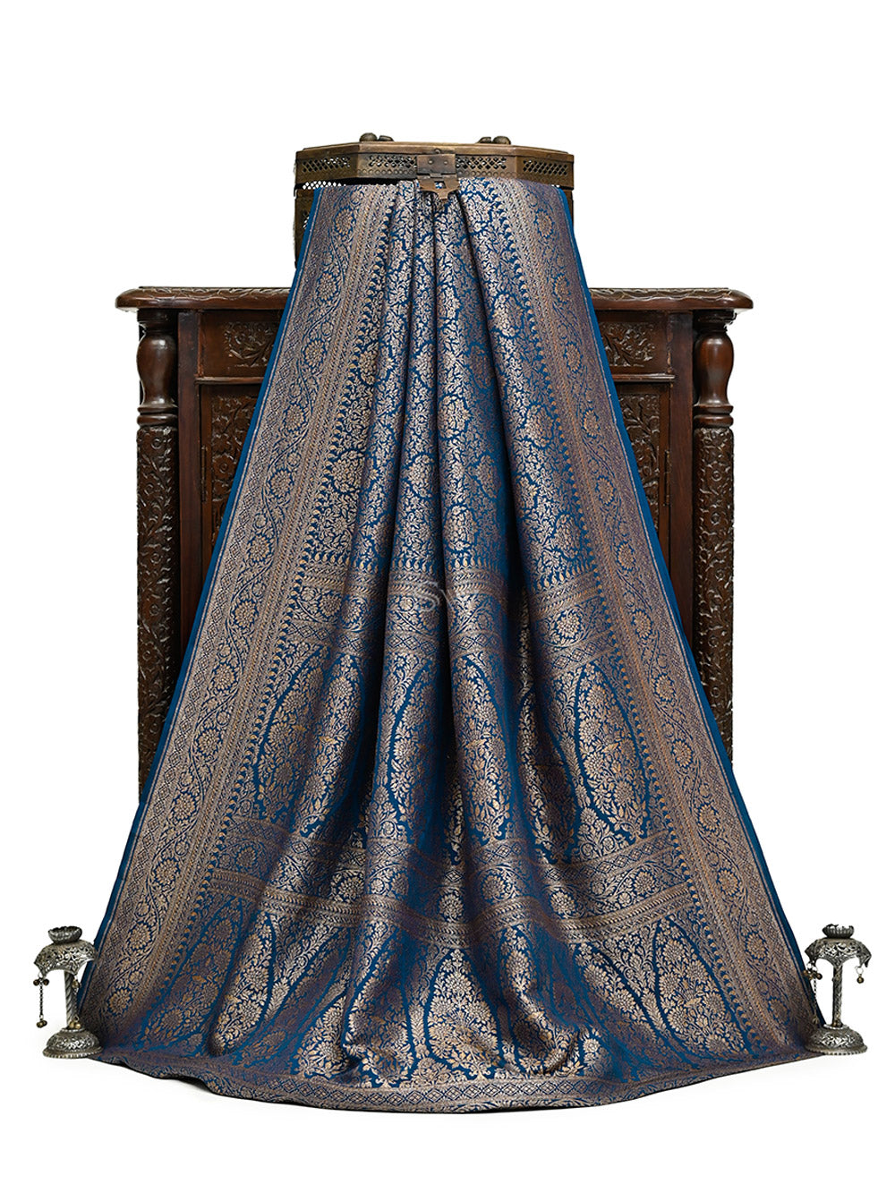 Midnight Blue Jaal Crepe Silk Handloom Banarasi Saree - Sacred Weaves