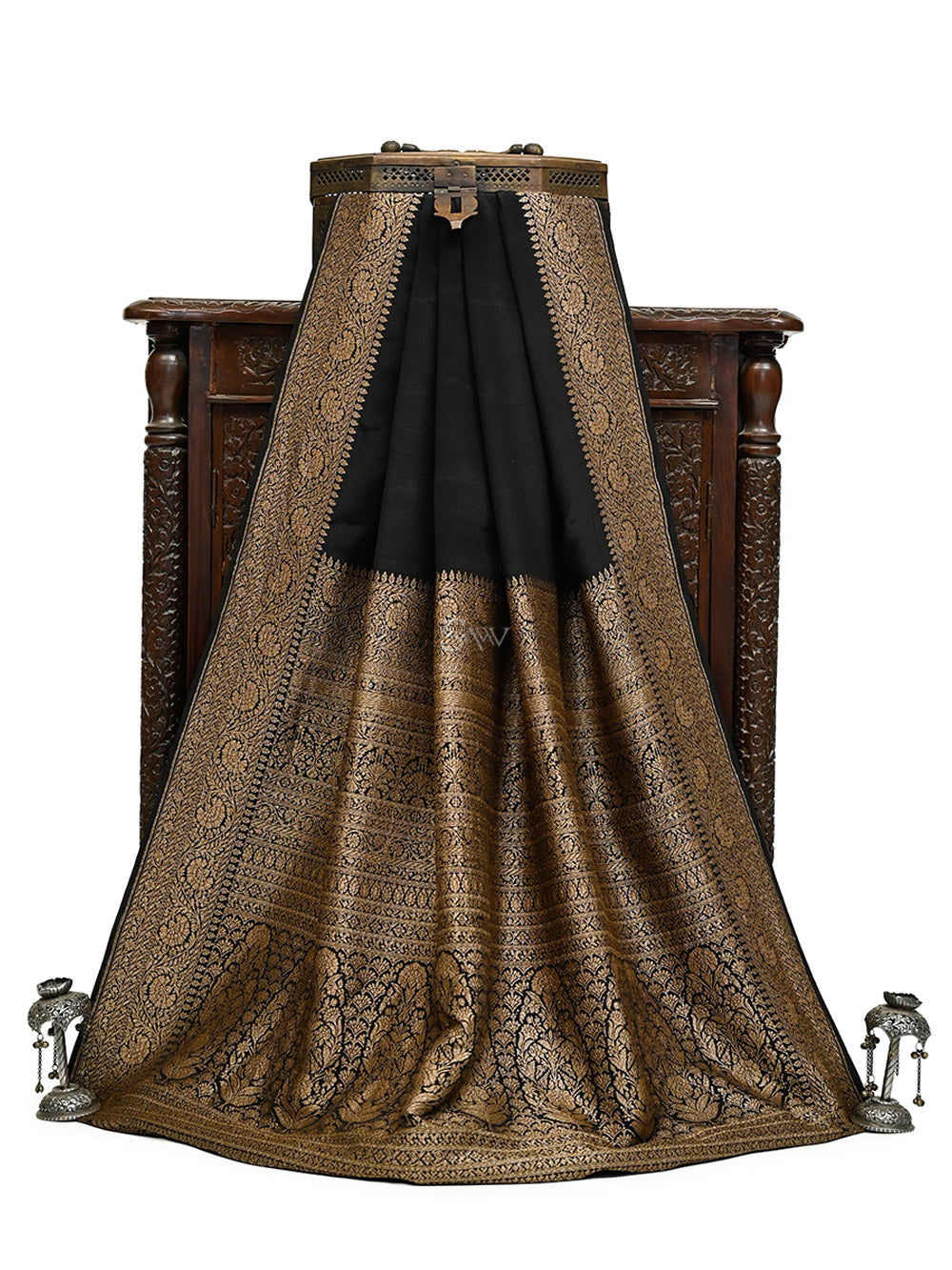 Black Plain Crepe Silk Handloom Banarasi Saree - Sacred Weaves