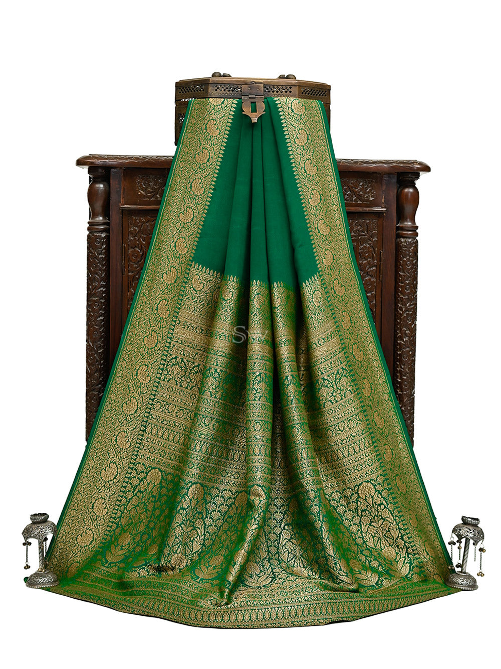 Bottle Green Plain Crepe Silk Handloom Banarasi Saree - Sacred Weaves