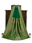 Bottle Green Plain Crepe Silk Handloom Banarasi Saree - Sacred Weaves
