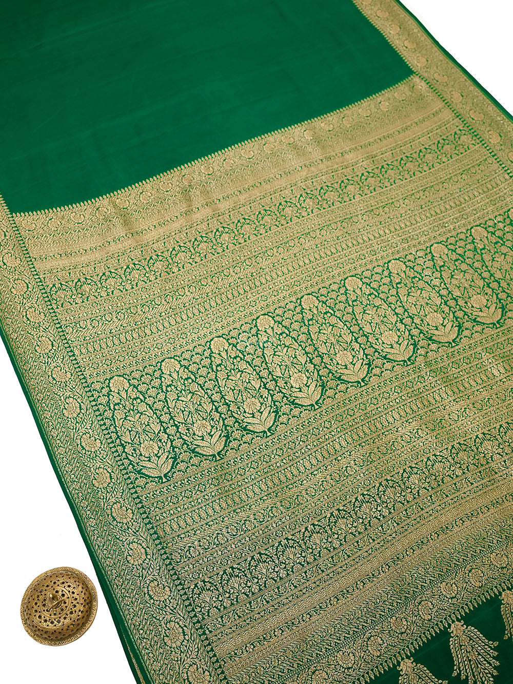 Bottle Green Plain Crepe Silk Handloom Banarasi Saree - Sacred Weaves