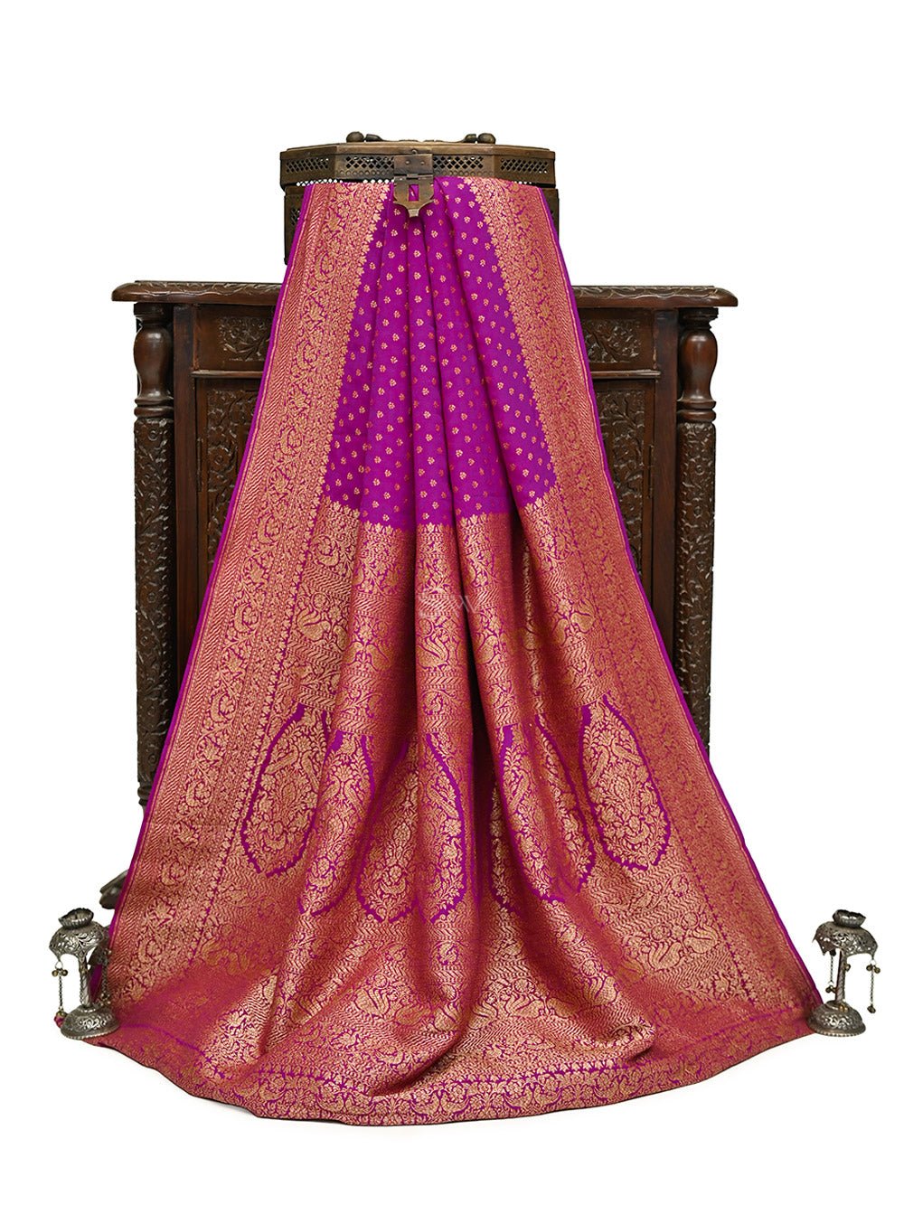 Dark Magenta Booti Crepe Silk Handloom Banarasi Saree - Sacred Weaves