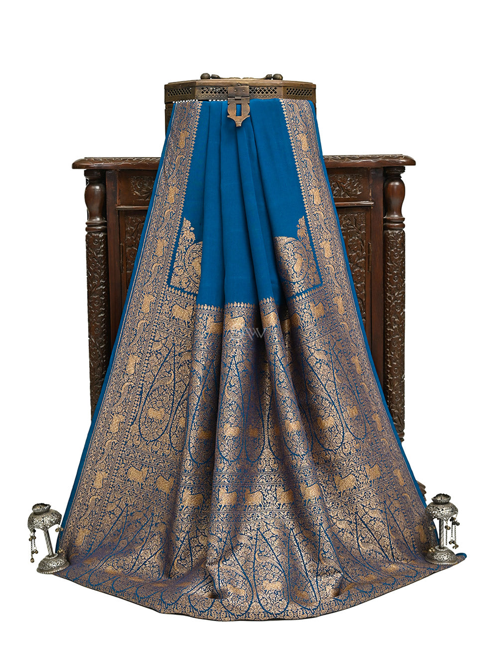 Midnight Blue Plain Crepe Silk Handloom Banarasi Saree - Sacred Weaves