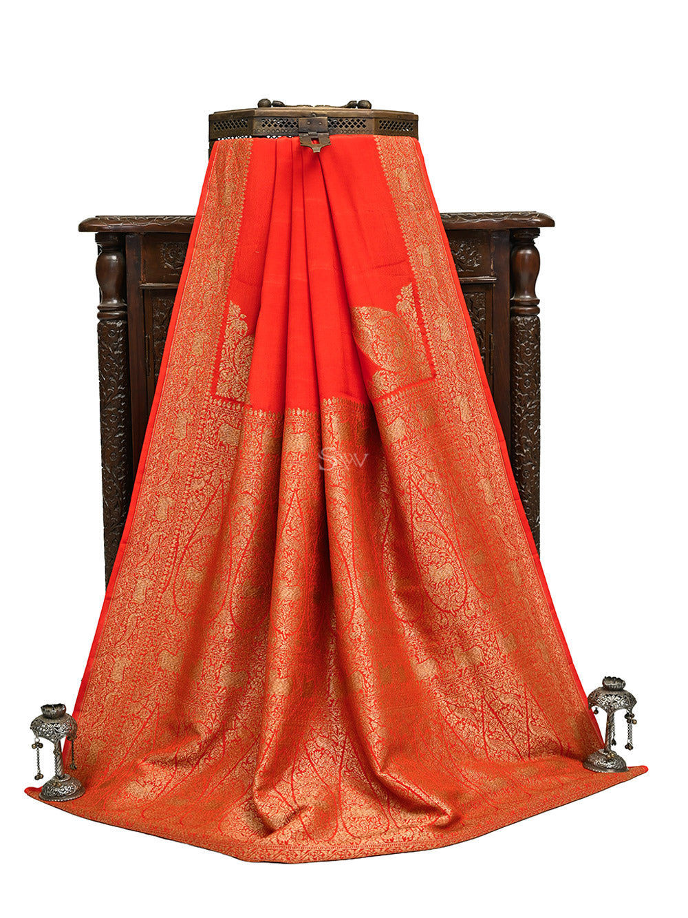 Orange Plain Crepe Silk Handloom Banarasi Saree - Sacred Weaves