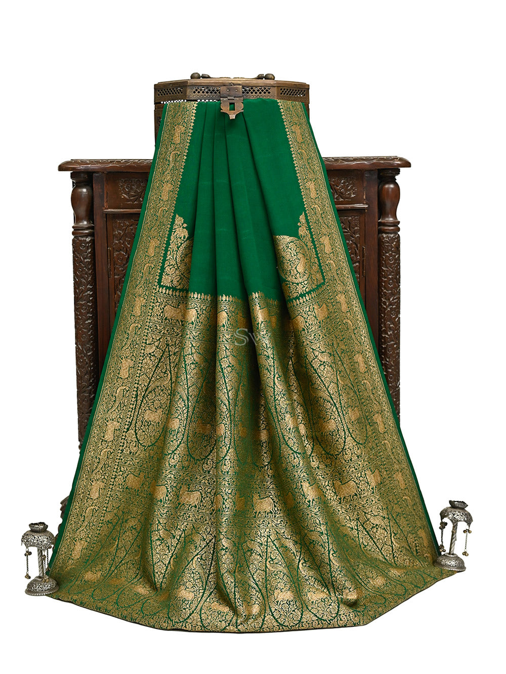 Bottle Green Plain Crepe Silk Handloom Banarasi Saree- Sacred Weaves