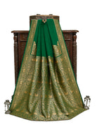 Bottle Green Plain Crepe Silk Handloom Banarasi Saree  - Sacred Weaves