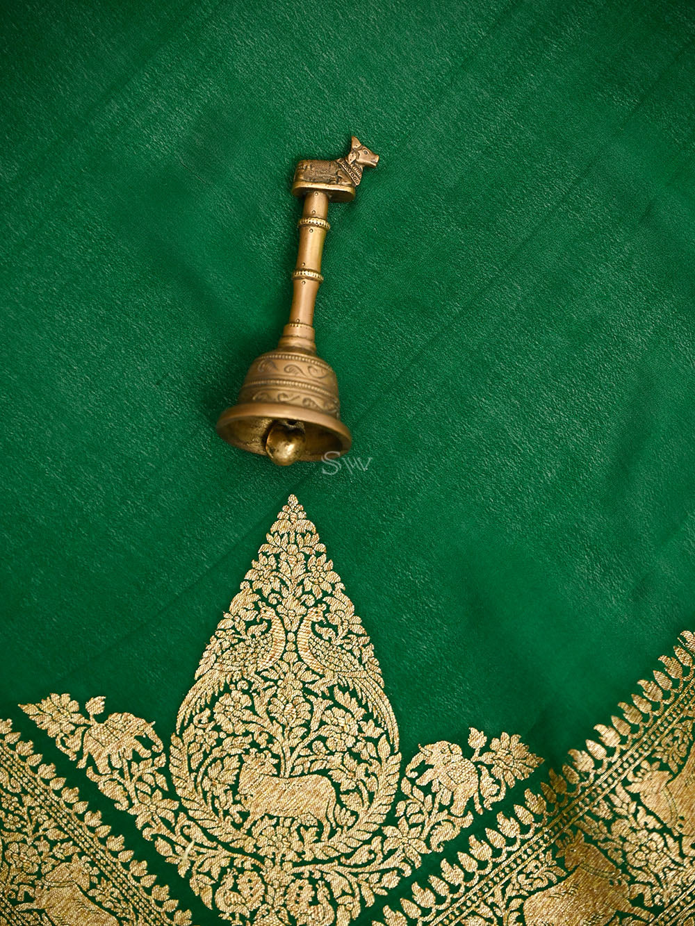 Bottle Green Plain Crepe Silk Handloom Banarasi Saree- Sacred Weaves