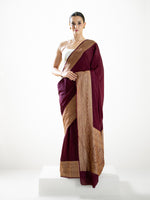 Wine Plain Crepe Silk Handloom Banarasi Saree - Sacred Weaves