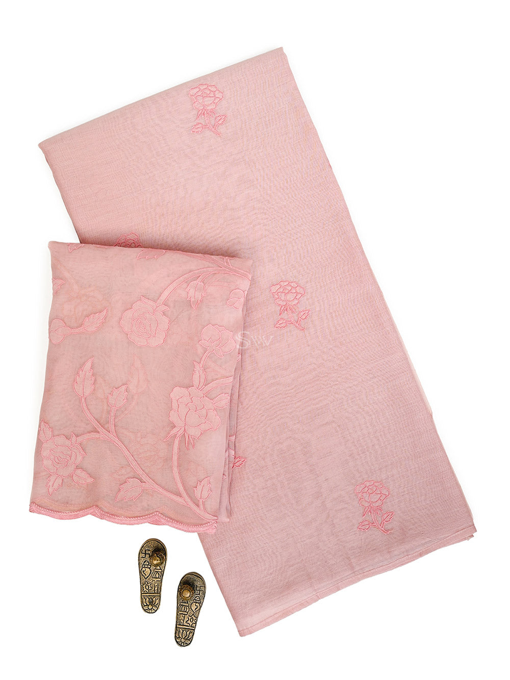 Pastel Pink Embroidered Cotton Handloom Banarasi Suit - Sacred Weaves