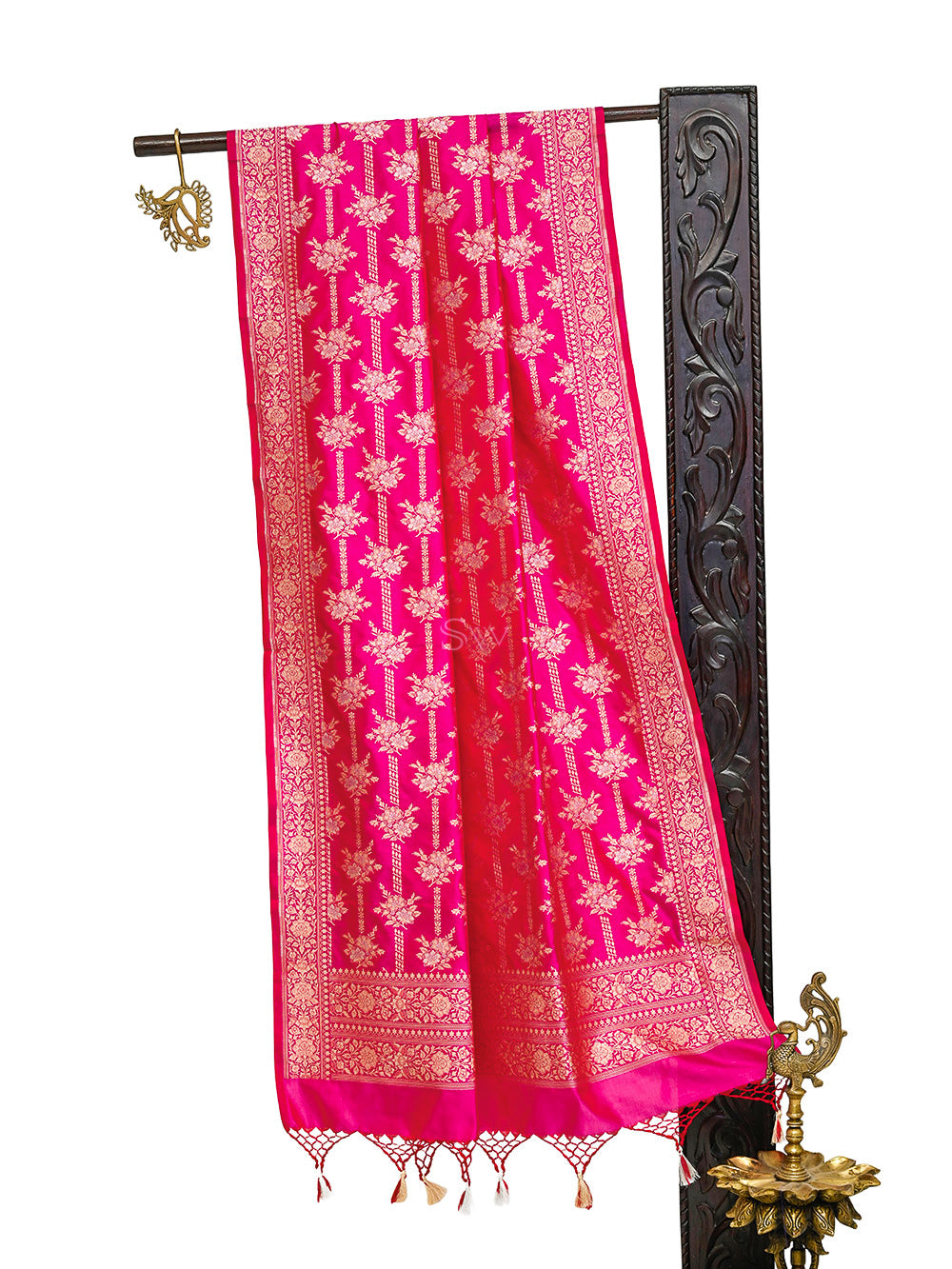 Dark Pink Jaal Katan Silk Handloom Banarasi Dupatta - Sacred Weaves