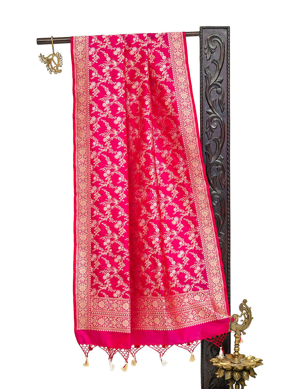 Dark Pink Jaal Katan Silk Handloom Banarasi Dupatta - Sacred Weaves
