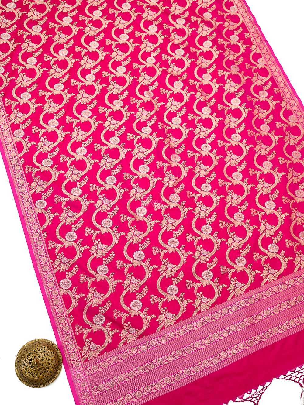 Dark Pink Jaal Katan Silk Handloom Banarasi Dupatta - Sacred Weaves