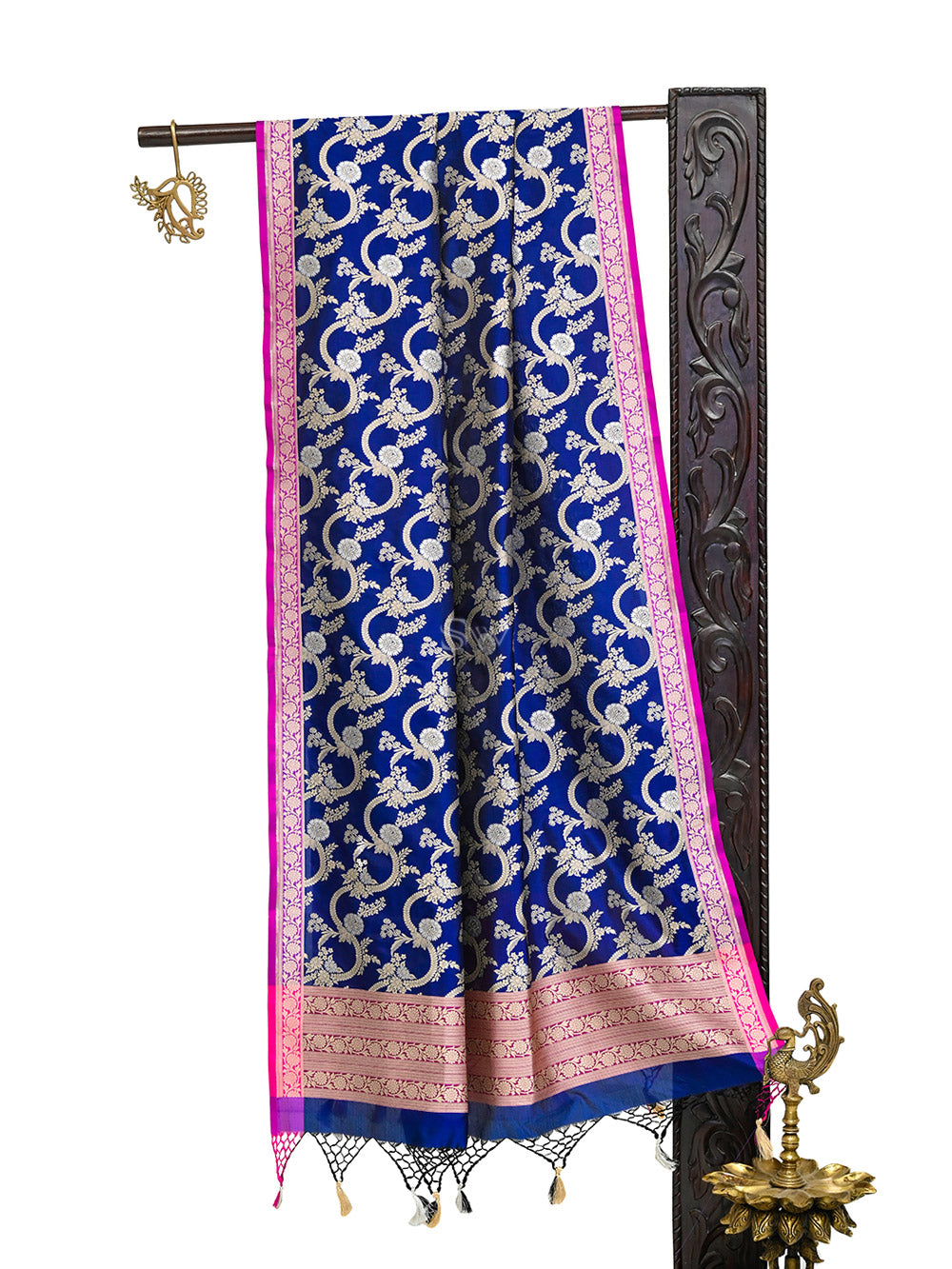 Midnight Blue Jaal Katan Silk Handloom Banarasi Dupatta - Sacred Weaves