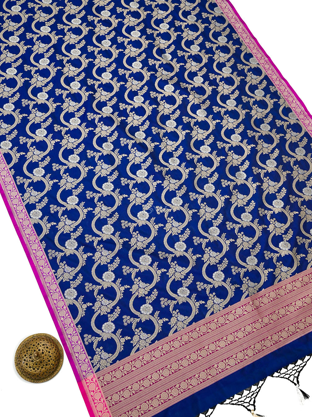 Midnight Blue Jaal Katan Silk Handloom Banarasi Dupatta - Sacred Weaves