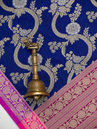 Midnight Blue Jaal Katan Silk Handloom Banarasi Dupatta - Sacred Weaves