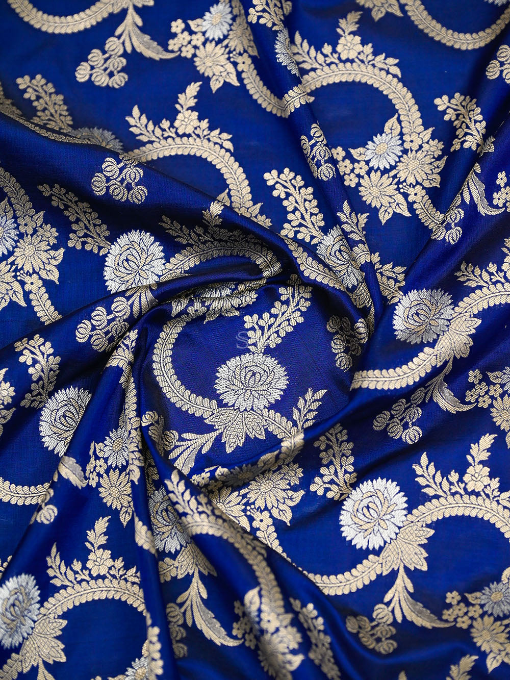 Midnight Blue Jaal Katan Silk Handloom Banarasi Dupatta - Sacred Weaves