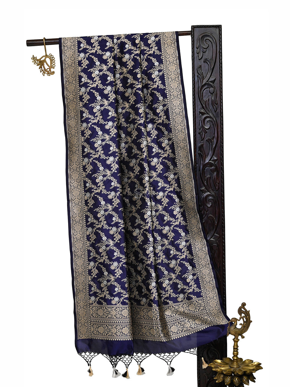 Midnight Blue Jaal Katan Silk Handloom Banarasi Dupatta - Sacred Weaves