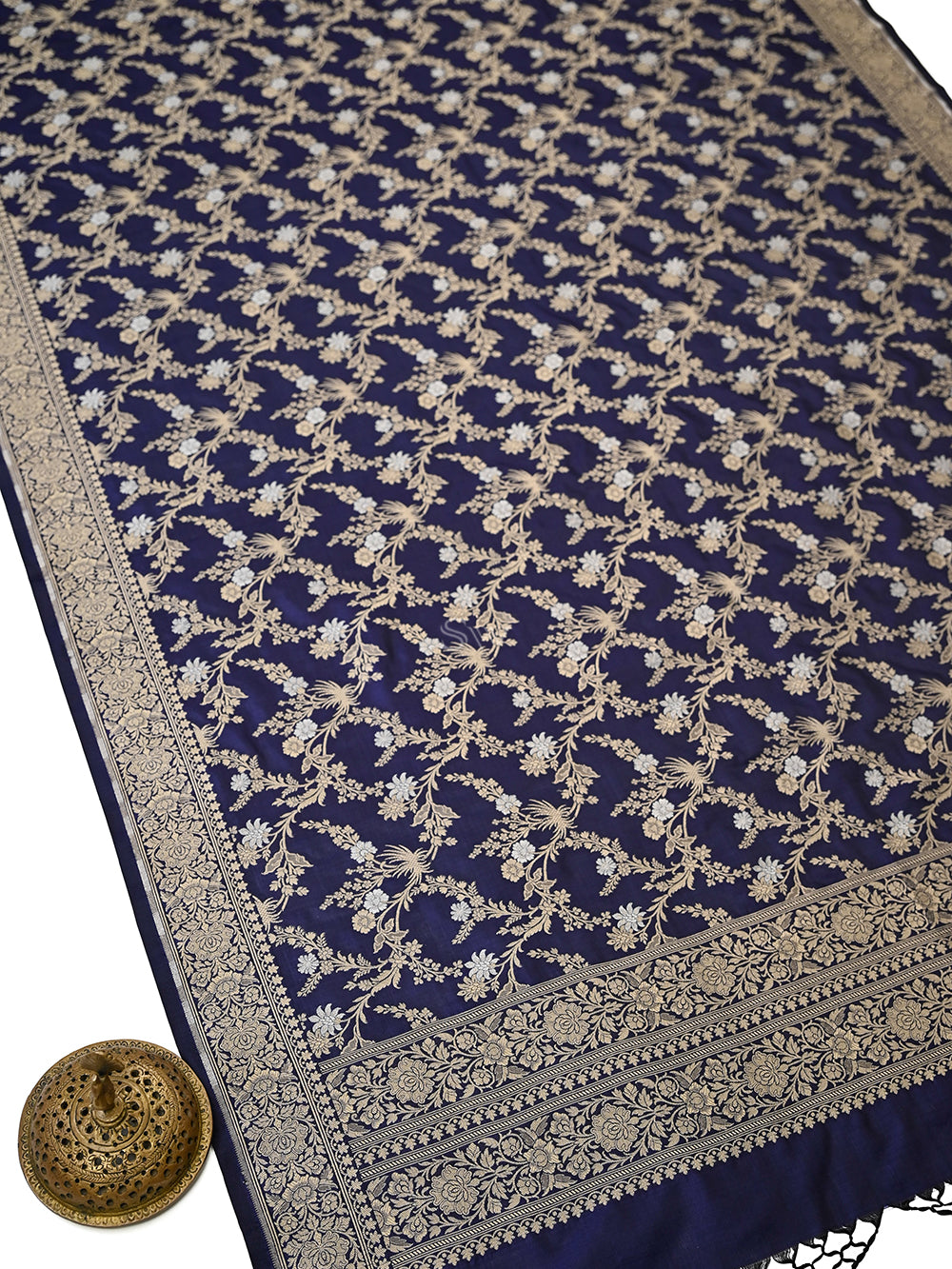 Midnight Blue Jaal Katan Silk Handloom Banarasi Dupatta - Sacred Weaves