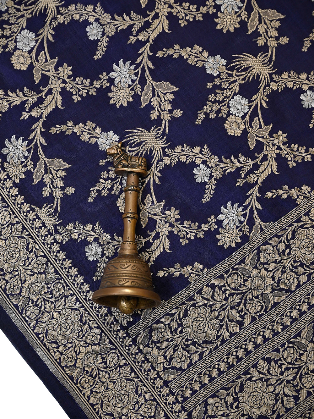 Midnight Blue Jaal Katan Silk Handloom Banarasi Dupatta - Sacred Weaves
