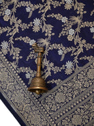 Midnight Blue Jaal Katan Silk Handloom Banarasi Dupatta - Sacred Weaves