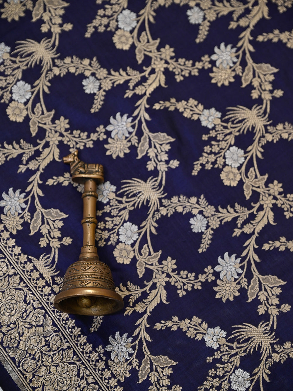 Midnight Blue Jaal Katan Silk Handloom Banarasi Dupatta - Sacred Weaves