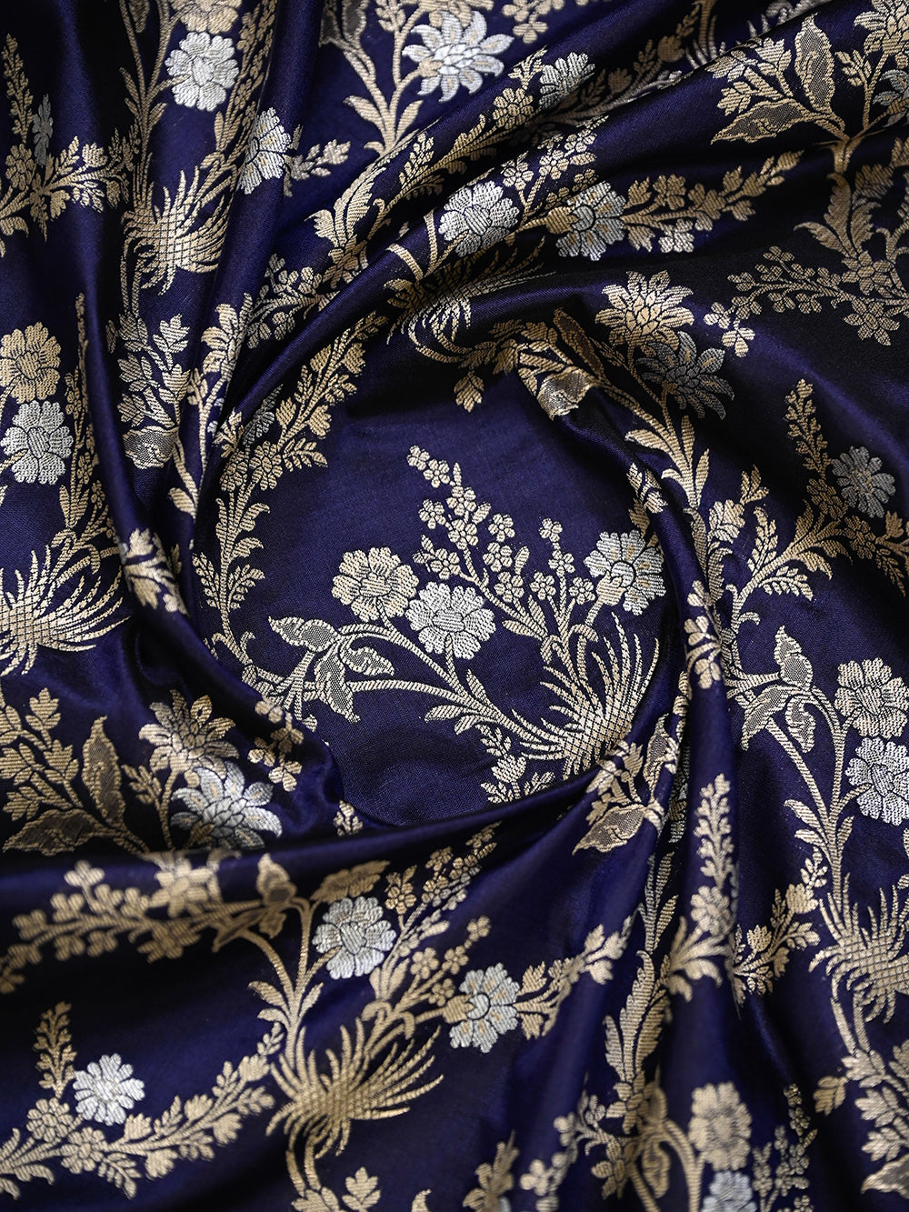 Midnight Blue Jaal Katan Silk Handloom Banarasi Dupatta - Sacred Weaves