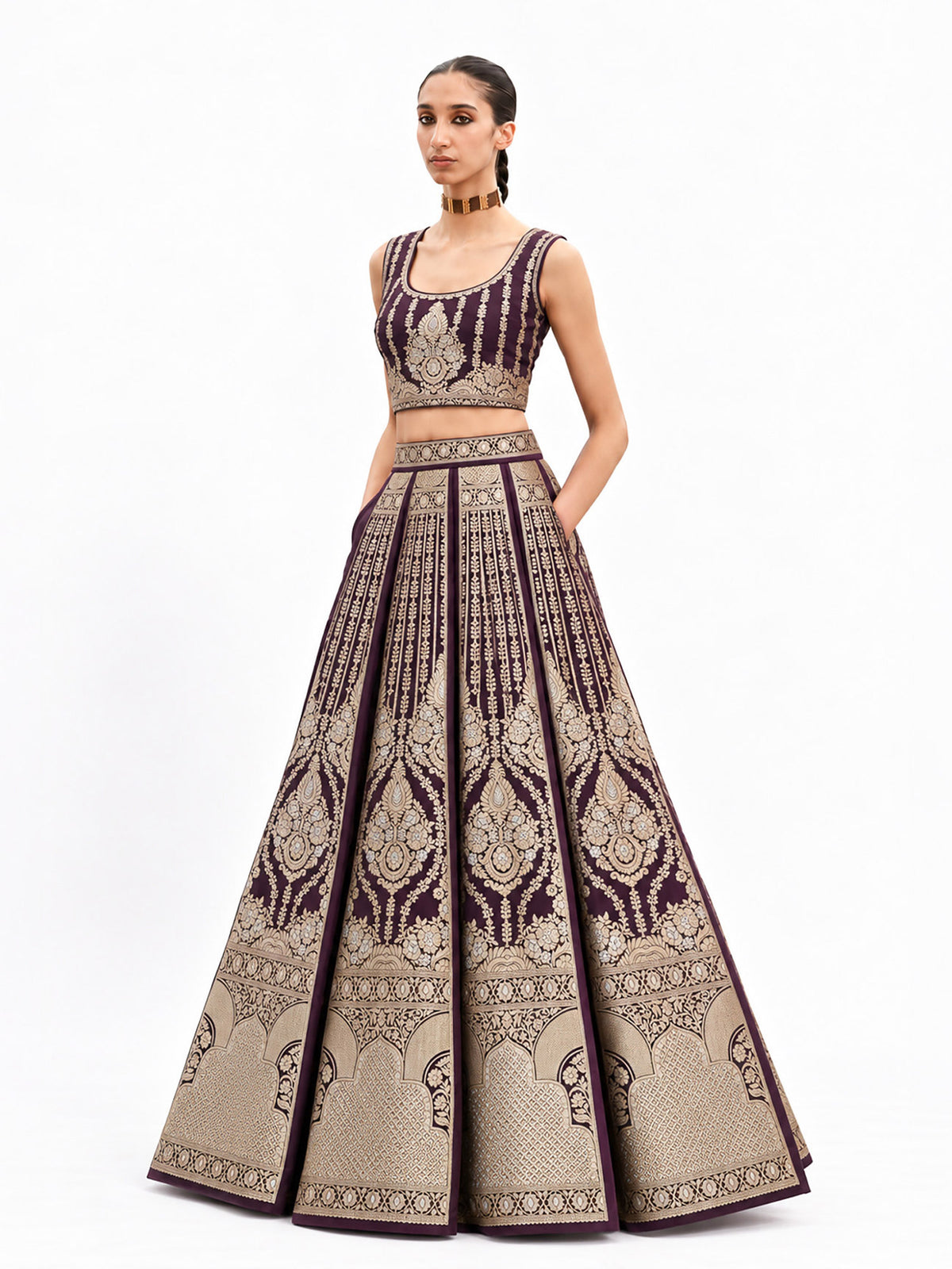 Wine Sona Roopa Satin Silk Handloom Banarasi Lehenga - Sacred Weaves