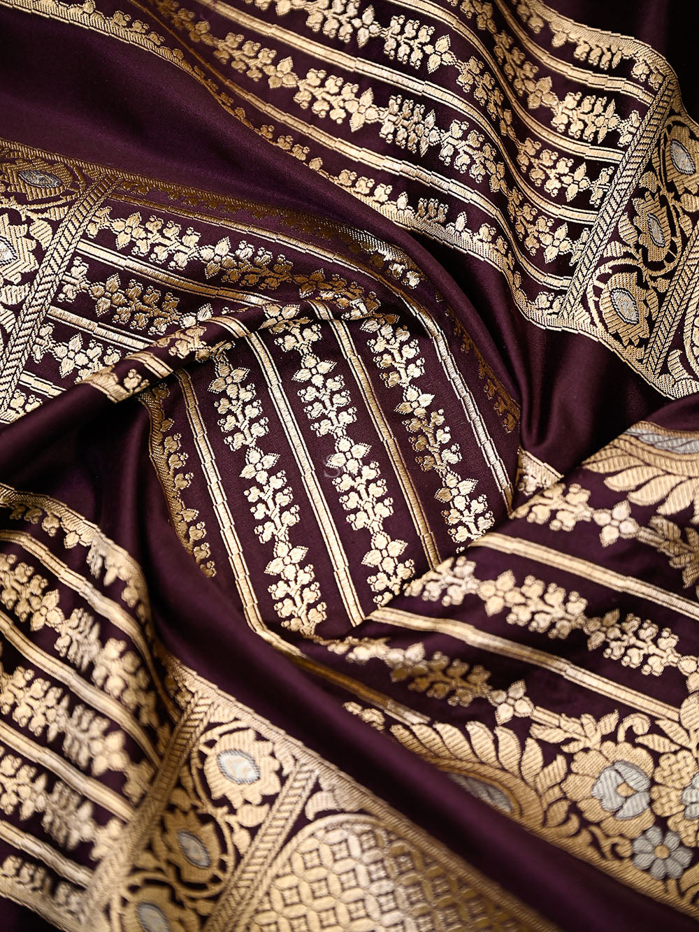 Wine Sona Roopa Satin Silk Handloom Banarasi Lehenga - Sacred Weaves