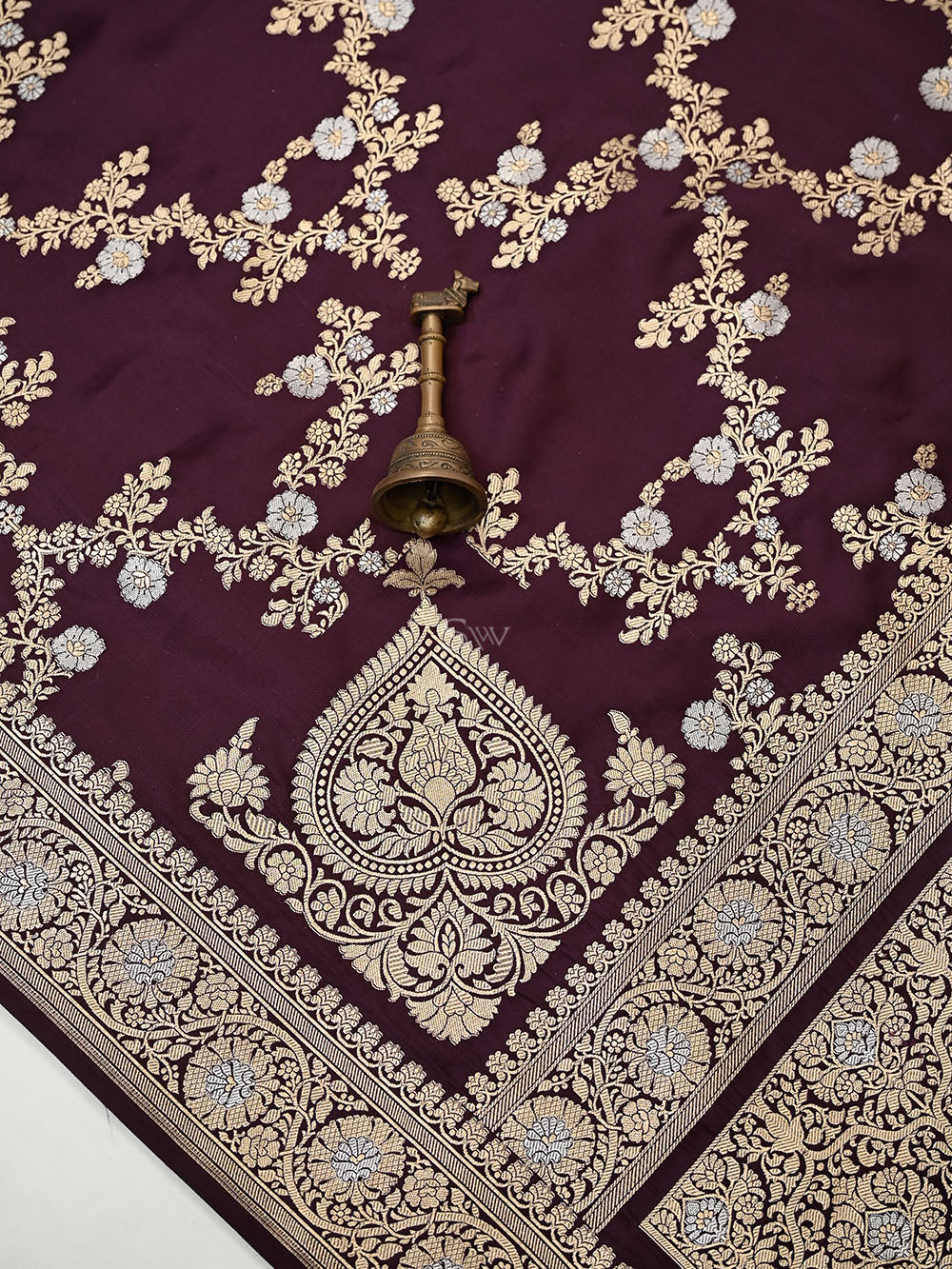 Wine Sona Roopa Satin Silk Handloom Banarasi Lehenga - Sacred Weaves