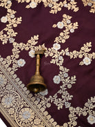 Wine Sona Roopa Satin Silk Handloom Banarasi Lehenga - Sacred Weaves