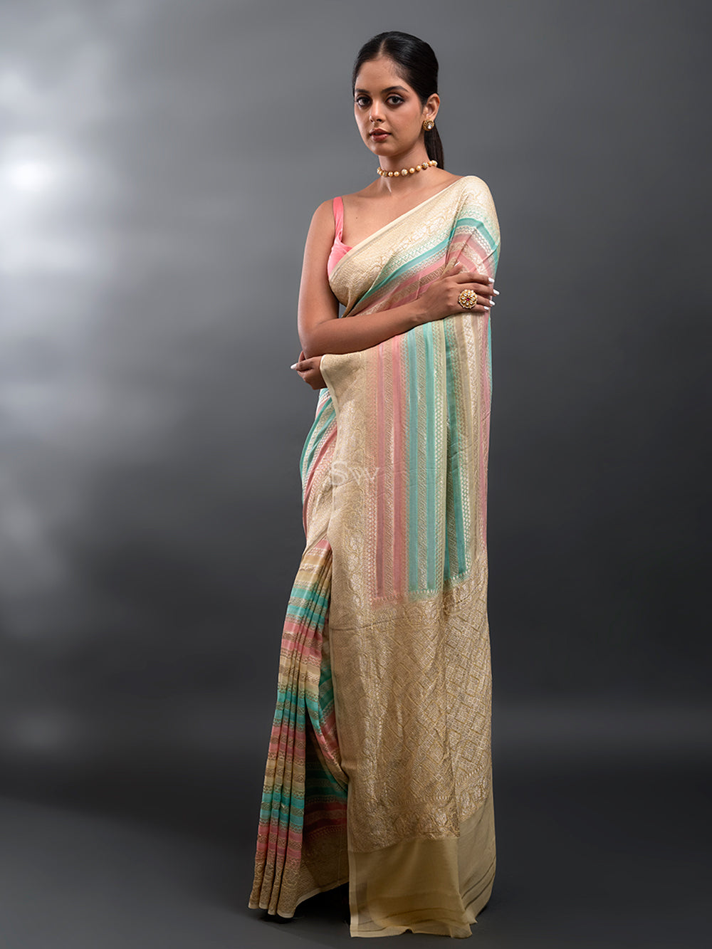 Pink Yellow Rangkat Khaddi Georgette Handloom Banarasi Saree - Sacred Weaves