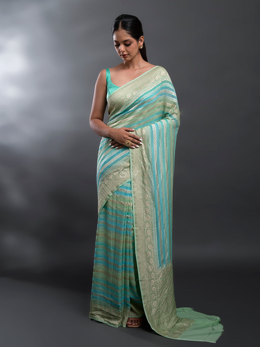 Green Blue Rangkat Khaddi Georgette Handloom Banarasi Saree - Sacred Weaves