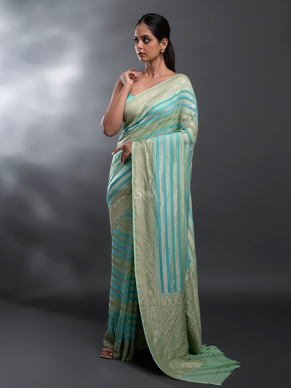Green Blue Rangkat Khaddi Georgette Handloom Banarasi Saree - Sacred Weaves